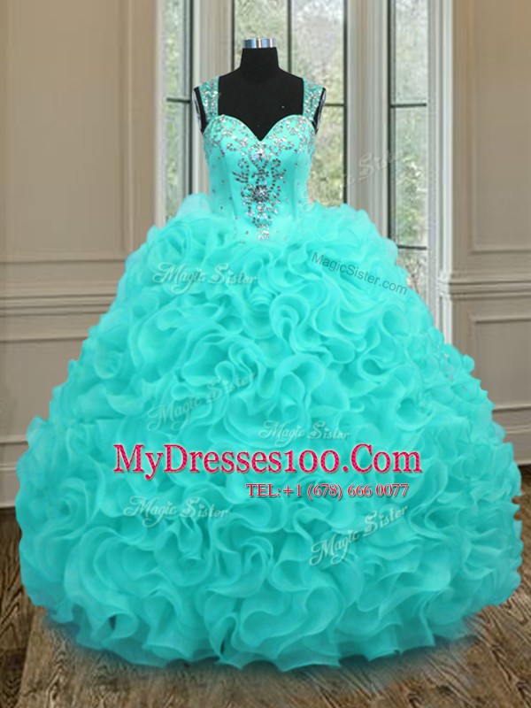 Pretty Straps Aqua Blue Organza Zipper Vestidos de Quinceanera Sleeveless Floor Length Beading and Ruffles