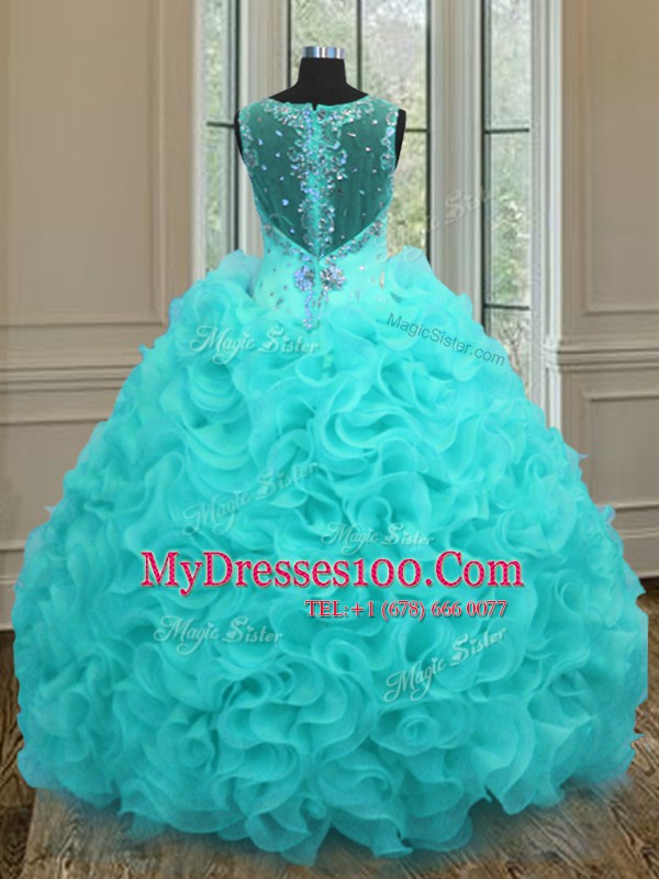 Pretty Straps Aqua Blue Organza Zipper Vestidos de Quinceanera Sleeveless Floor Length Beading and Ruffles