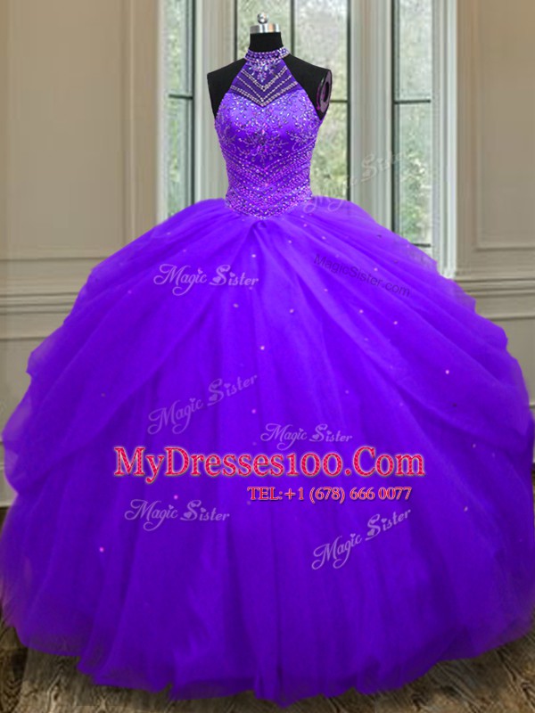 Romantic Tulle Halter Top Sleeveless Lace Up Beading and Sequins 15th Birthday Dress in Purple