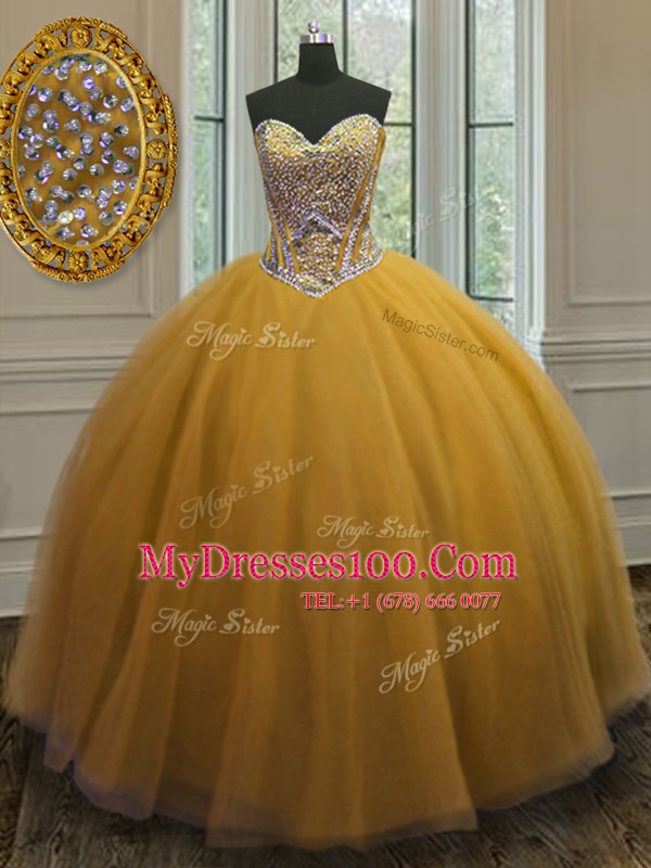 Lovely Gold Ball Gowns Beading Vestidos de Quinceanera Lace Up Tulle Sleeveless Floor Length