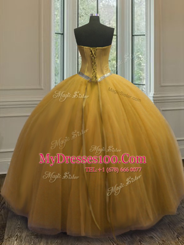 Lovely Gold Ball Gowns Beading Vestidos de Quinceanera Lace Up Tulle Sleeveless Floor Length