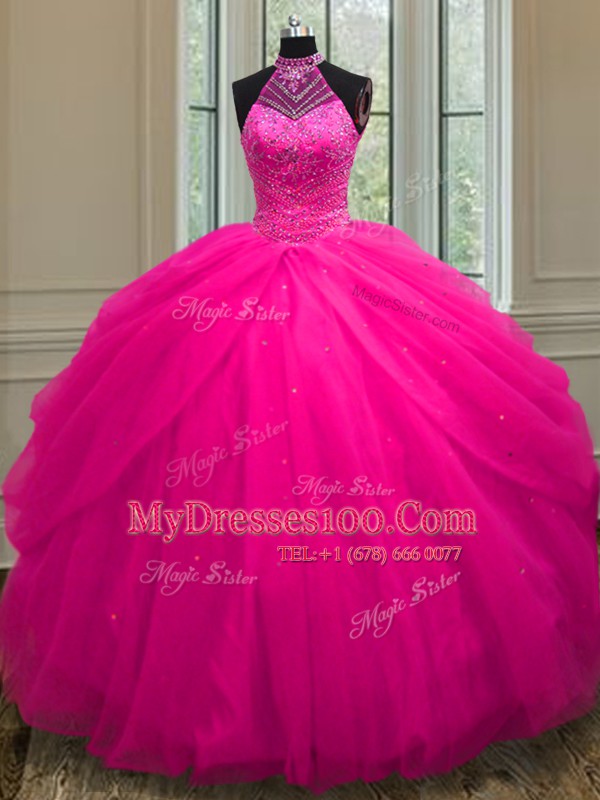 Amazing Halter Top Hot Pink Tulle Lace Up Quinceanera Dresses Sleeveless Floor Length Beading and Sequins