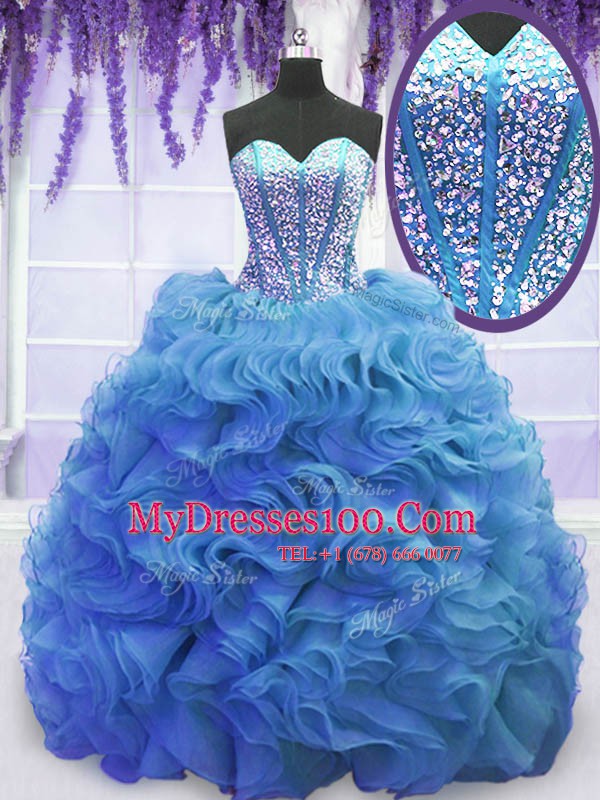 Baby Blue Sleeveless Sweep Train Beading and Ruffles Sweet 16 Quinceanera Dress