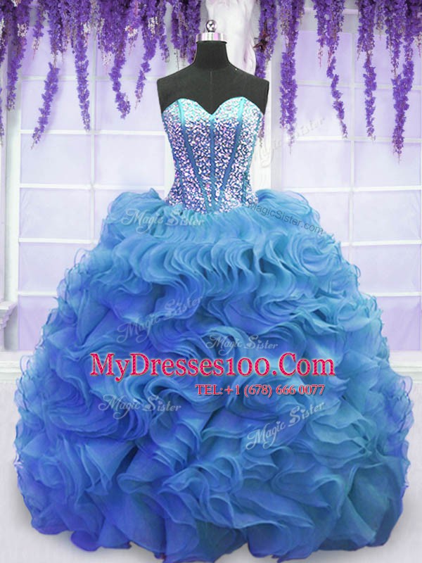 Baby Blue Sleeveless Sweep Train Beading and Ruffles Sweet 16 Quinceanera Dress