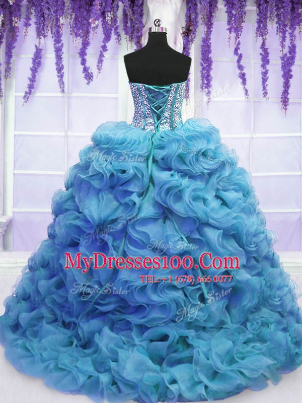 Baby Blue Sleeveless Sweep Train Beading and Ruffles Sweet 16 Quinceanera Dress