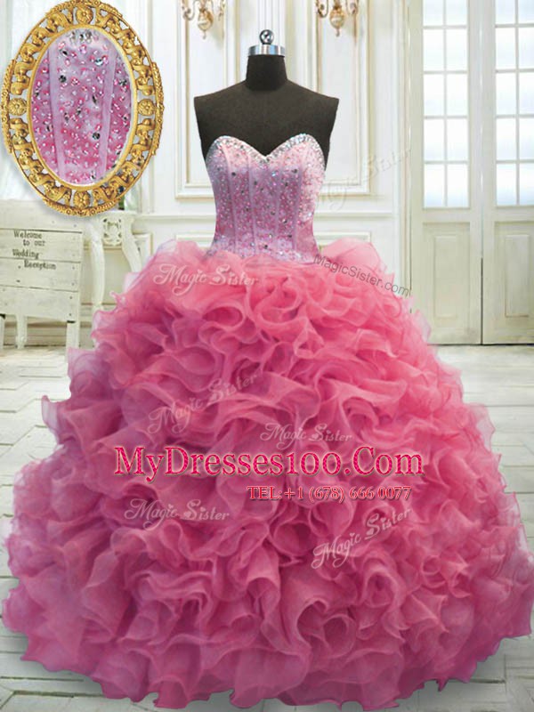 Luxury Mini Length Rose Pink Sweet 16 Quinceanera Dress Organza Sweep Train Sleeveless Beading and Ruffles