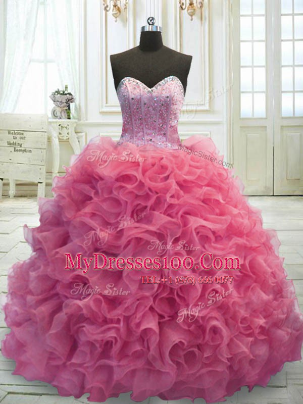 Luxury Mini Length Rose Pink Sweet 16 Quinceanera Dress Organza Sweep Train Sleeveless Beading and Ruffles