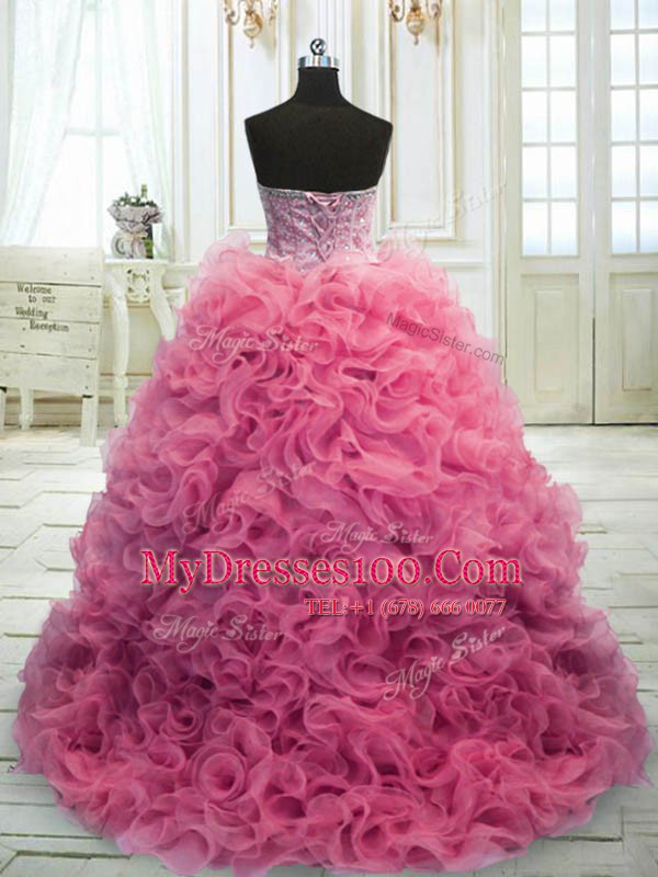 Luxury Mini Length Rose Pink Sweet 16 Quinceanera Dress Organza Sweep Train Sleeveless Beading and Ruffles