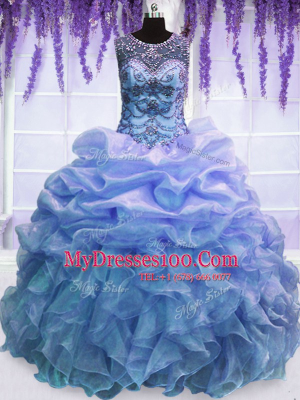 Beauteous Blue Lace Up Scoop Beading and Ruffles Sweet 16 Dress Organza Sleeveless