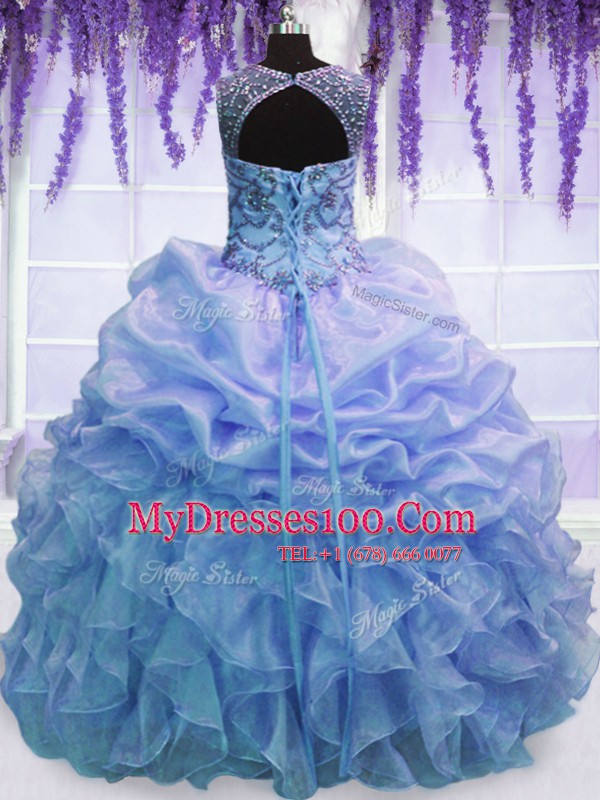 Beauteous Blue Lace Up Scoop Beading and Ruffles Sweet 16 Dress Organza Sleeveless