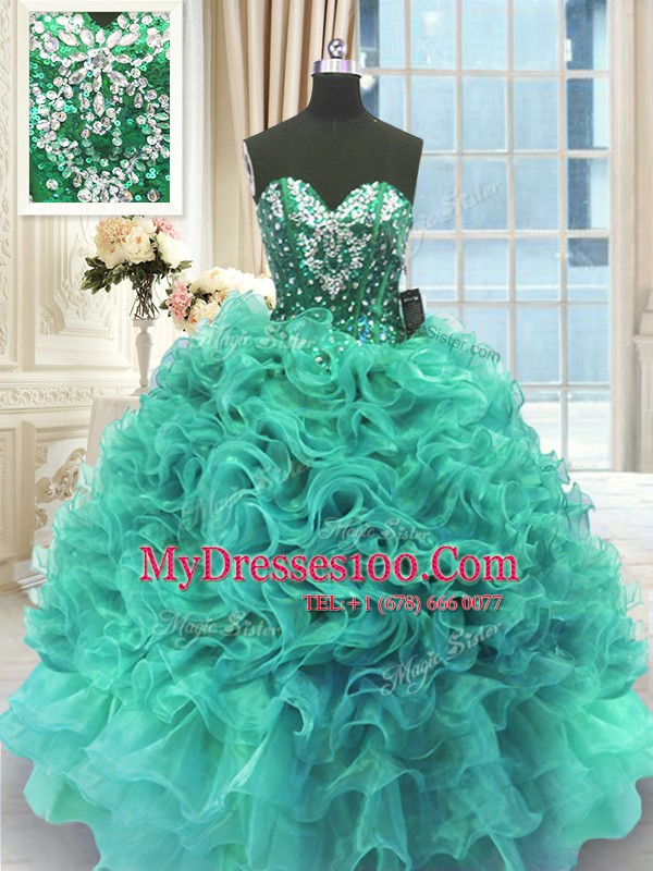 Designer Floor Length Turquoise Quinceanera Gowns Organza Sleeveless Beading and Ruffles