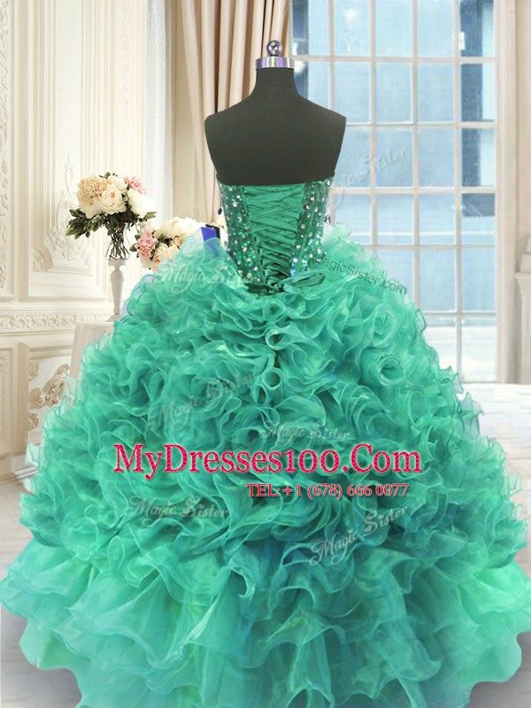 Designer Floor Length Turquoise Quinceanera Gowns Organza Sleeveless Beading and Ruffles