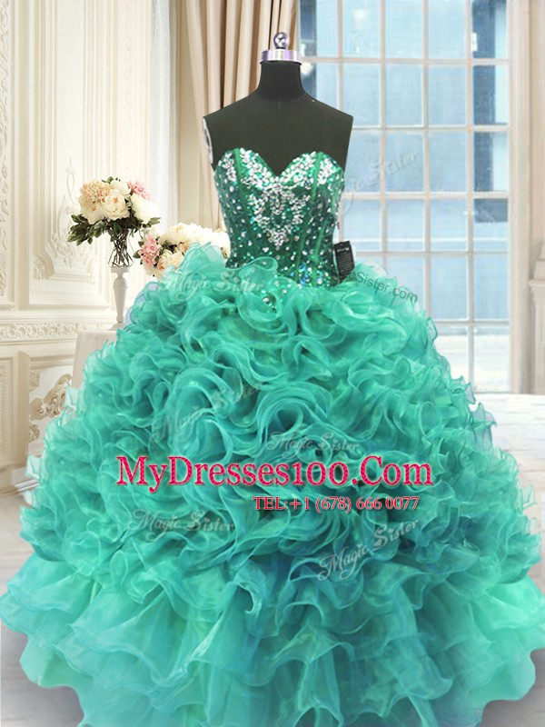 Designer Floor Length Turquoise Quinceanera Gowns Organza Sleeveless Beading and Ruffles
