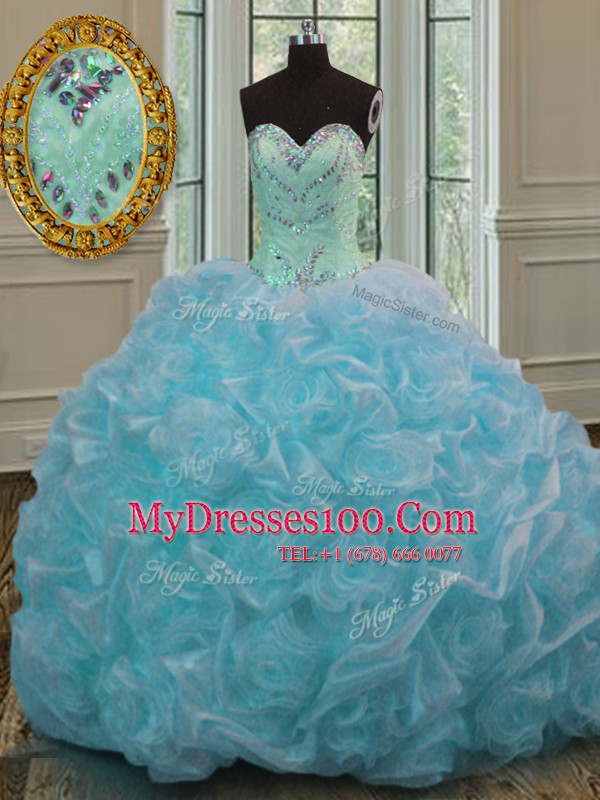 Pretty Sweetheart Sleeveless Sweet 16 Quinceanera Dress Sweep Train Beading and Pick Ups Blue Organza