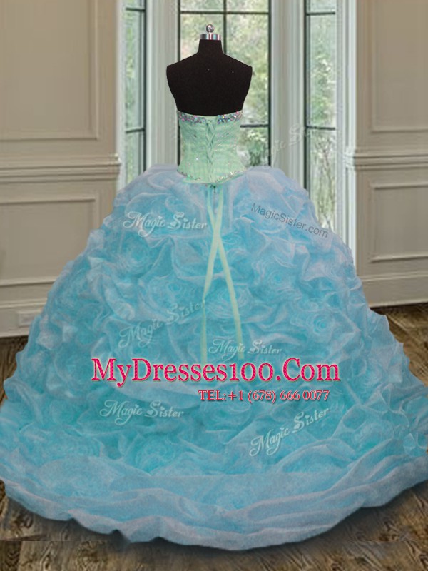 Pretty Sweetheart Sleeveless Sweet 16 Quinceanera Dress Sweep Train Beading and Pick Ups Blue Organza