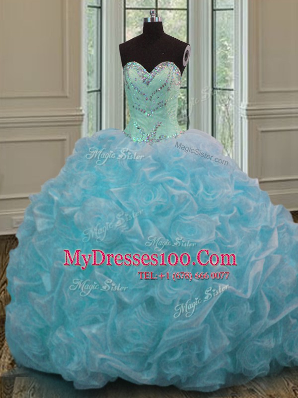 Pretty Sweetheart Sleeveless Sweet 16 Quinceanera Dress Sweep Train Beading and Pick Ups Blue Organza
