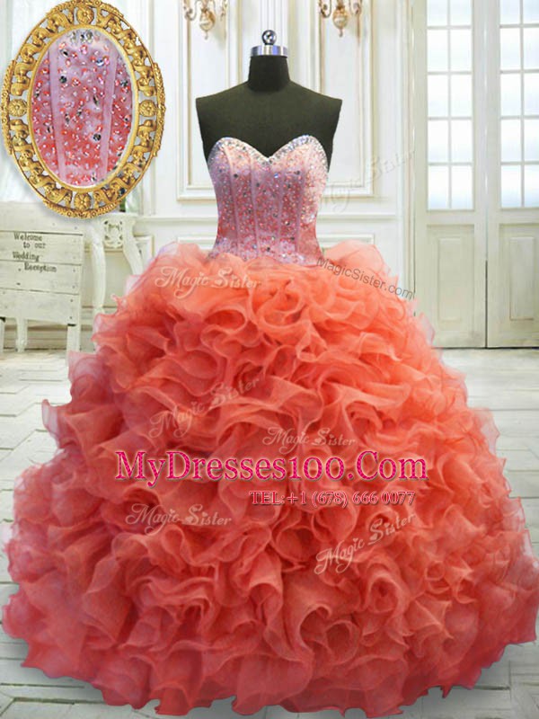 Coral Red Sweetheart Lace Up Beading and Ruffles Sweet 16 Dress Sweep Train Sleeveless