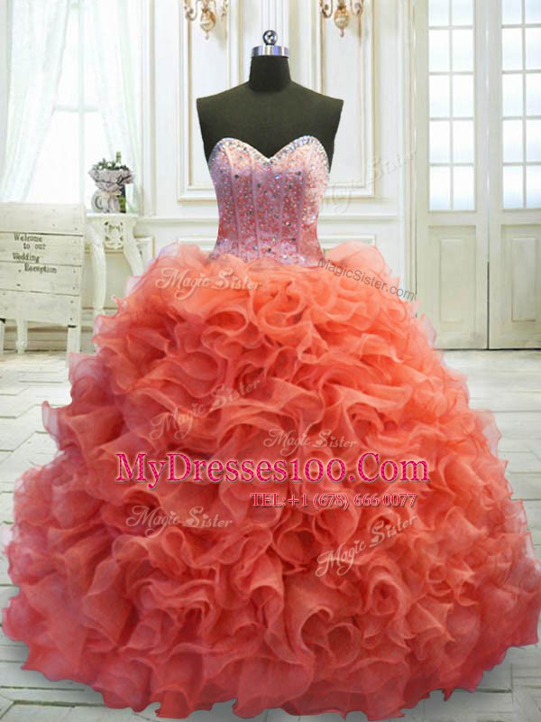 Coral Red Sweetheart Lace Up Beading and Ruffles Sweet 16 Dress Sweep Train Sleeveless