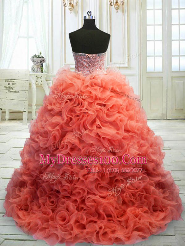 Coral Red Sweetheart Lace Up Beading and Ruffles Sweet 16 Dress Sweep Train Sleeveless