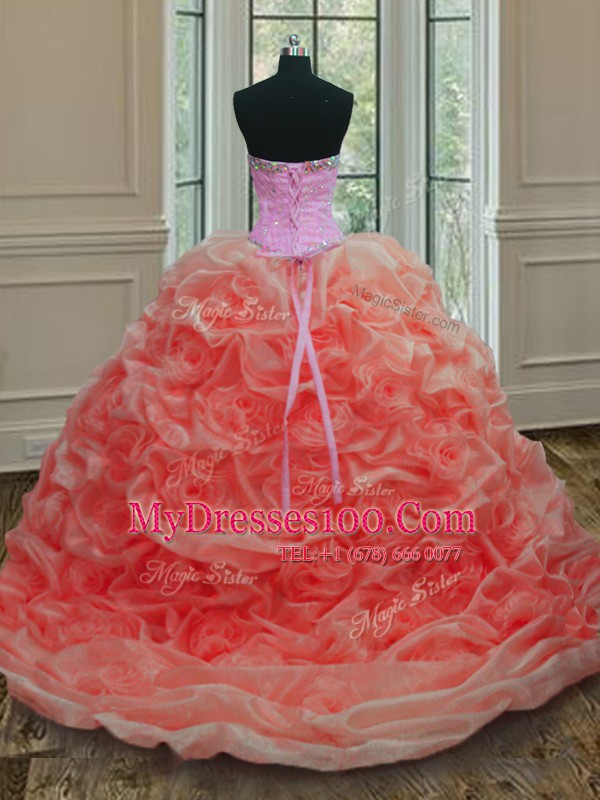 Pick Ups Sweetheart Sleeveless Sweep Train Lace Up Quinceanera Dresses Watermelon Red Organza