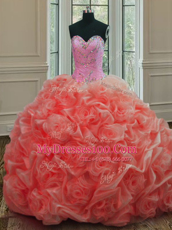 Pick Ups Sweetheart Sleeveless Sweep Train Lace Up Quinceanera Dresses Watermelon Red Organza
