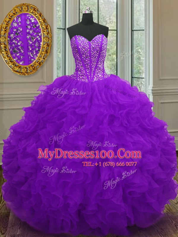 Fashionable Purple Lace Up Sweetheart Beading and Ruffles Sweet 16 Dress Organza Sleeveless