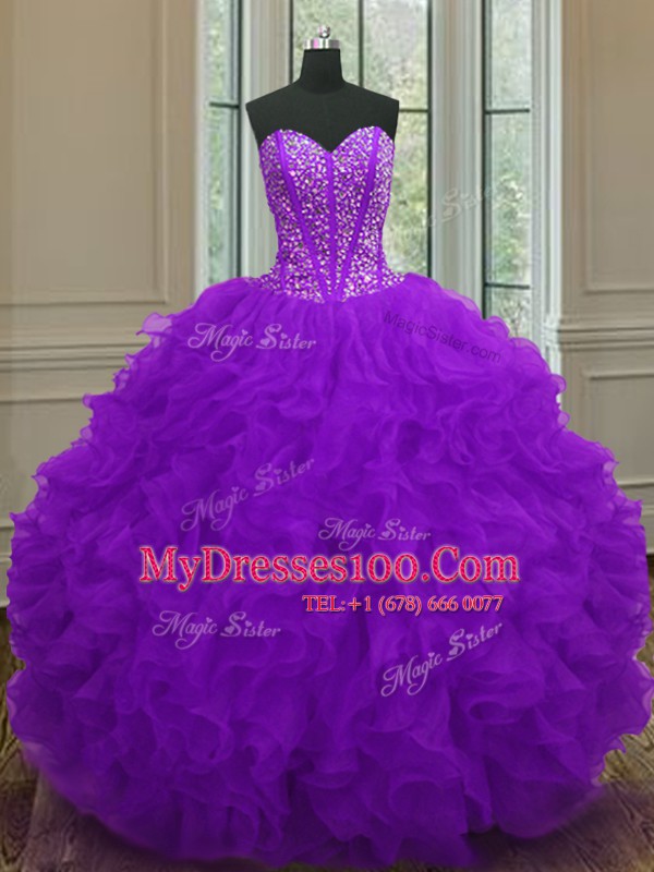 Fashionable Purple Lace Up Sweetheart Beading and Ruffles Sweet 16 Dress Organza Sleeveless