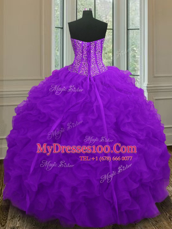 Fashionable Purple Lace Up Sweetheart Beading and Ruffles Sweet 16 Dress Organza Sleeveless