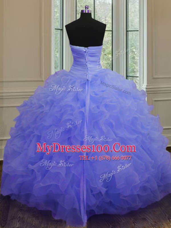 Charming Sleeveless Floor Length Beading and Ruffles Lace Up Ball Gown Prom Dress with Purple