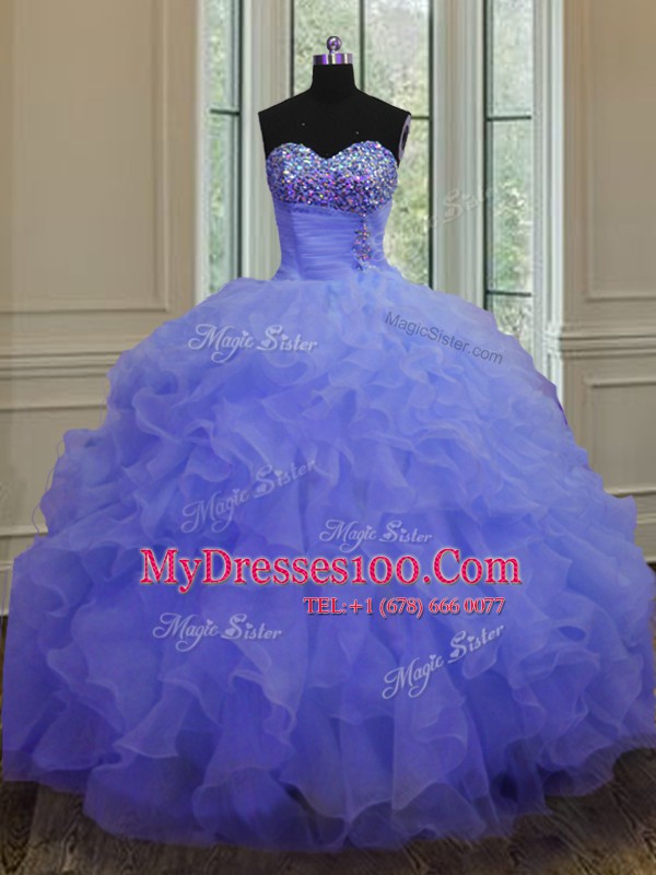 Charming Sleeveless Floor Length Beading and Ruffles Lace Up Ball Gown Prom Dress with Purple