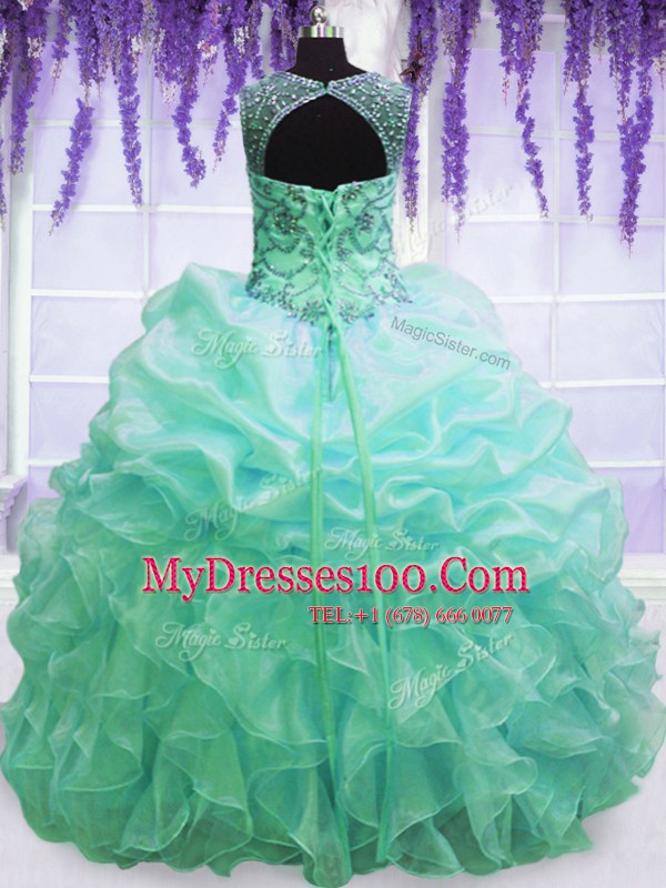 Excellent Scoop Turquoise Ball Gowns Beading and Pick Ups Sweet 16 Quinceanera Dress Lace Up Organza Sleeveless Floor Length
