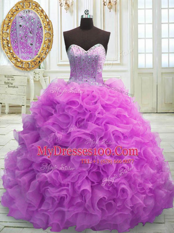 Organza Sleeveless 15th Birthday Dress Sweep Train and Beading and Ruffles