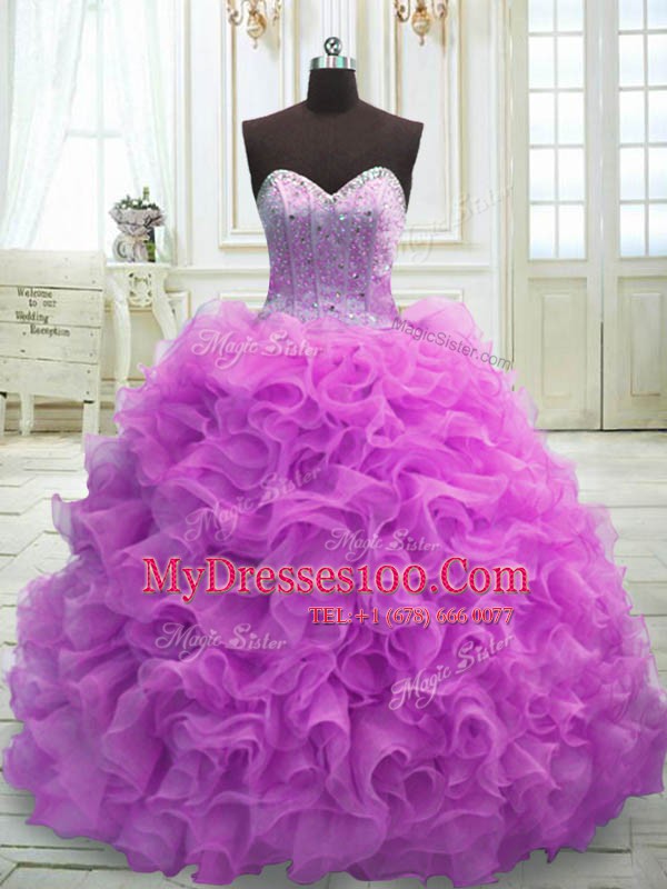 Organza Sleeveless 15th Birthday Dress Sweep Train and Beading and Ruffles
