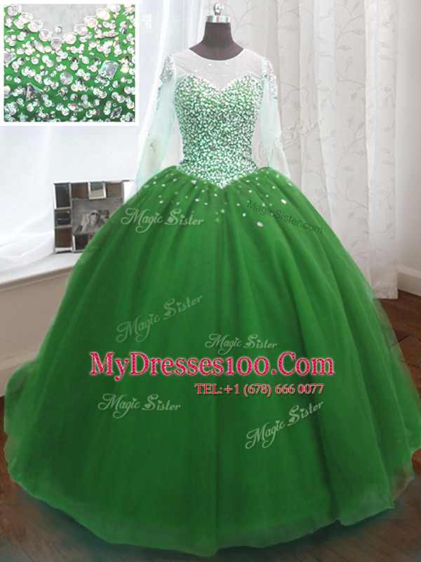 Scoop Sequins Ball Gowns Long Sleeves Green Quinceanera Dress Sweep Train Lace Up
