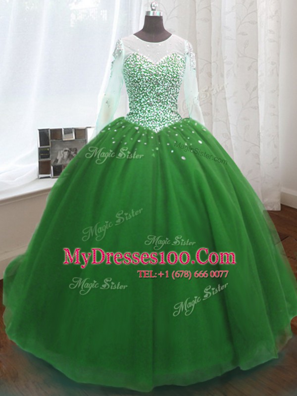 Scoop Sequins Ball Gowns Long Sleeves Green Quinceanera Dress Sweep Train Lace Up
