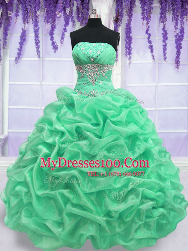 Discount Apple Green Ball Gowns Organza Strapless Sleeveless Beading Floor Length Lace Up Ball Gown Prom Dress