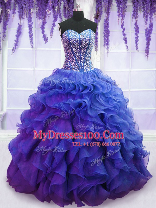 Custom Designed Sleeveless Floor Length Beading and Ruffles Lace Up Quinceanera Gown with Royal Blue