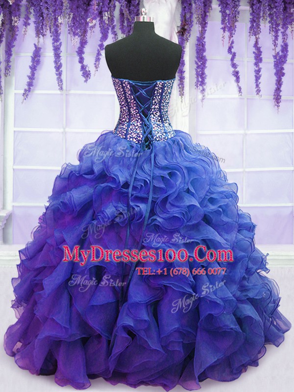Custom Designed Sleeveless Floor Length Beading and Ruffles Lace Up Quinceanera Gown with Royal Blue