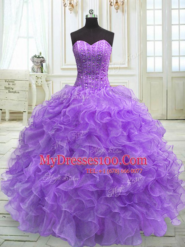 New Arrival Lavender Ball Gowns Beading and Ruffles Ball Gown Prom Dress Lace Up Organza Sleeveless Floor Length