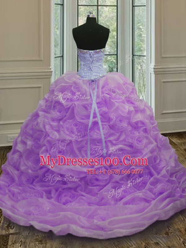 Lavender Sleeveless Organza Sweep Train Lace Up 15th Birthday Dress for Military Ball and Sweet 16 and Quinceanera