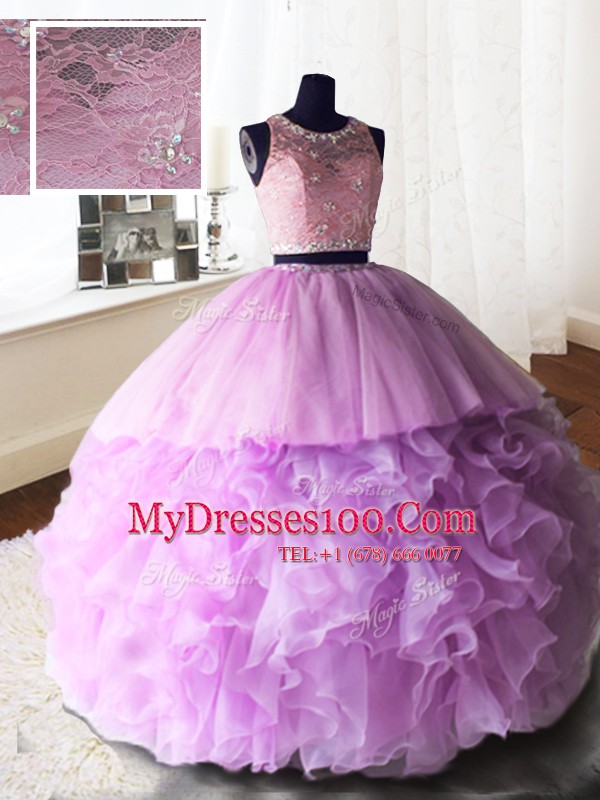Custom Designed Lilac Ball Gowns Scoop Sleeveless Organza and Tulle and Lace With Brush Train Zipper Beading and Lace and Ruffles Quinceanera Dress