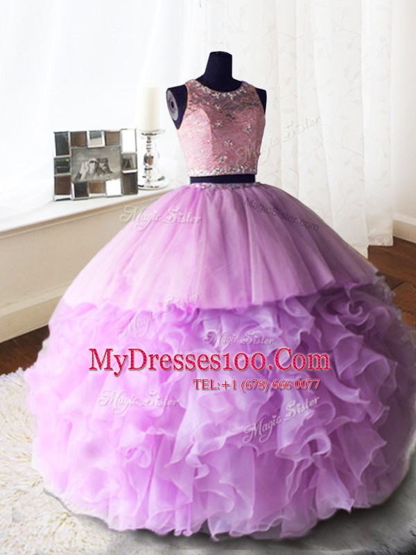 Custom Designed Lilac Ball Gowns Scoop Sleeveless Organza and Tulle and Lace With Brush Train Zipper Beading and Lace and Ruffles Quinceanera Dress