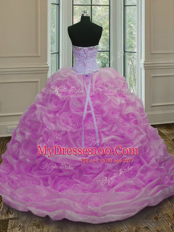 Lilac Quince Ball Gowns Military Ball and Sweet 16 and Quinceanera and For with Beading and Pick Ups Sweetheart Sleeveless Sweep Train Lace Up