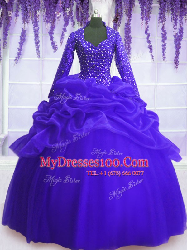 Sexy Long Sleeves Organza Floor Length Zipper Quince Ball Gowns in Royal Blue with Sequins and Pick Ups