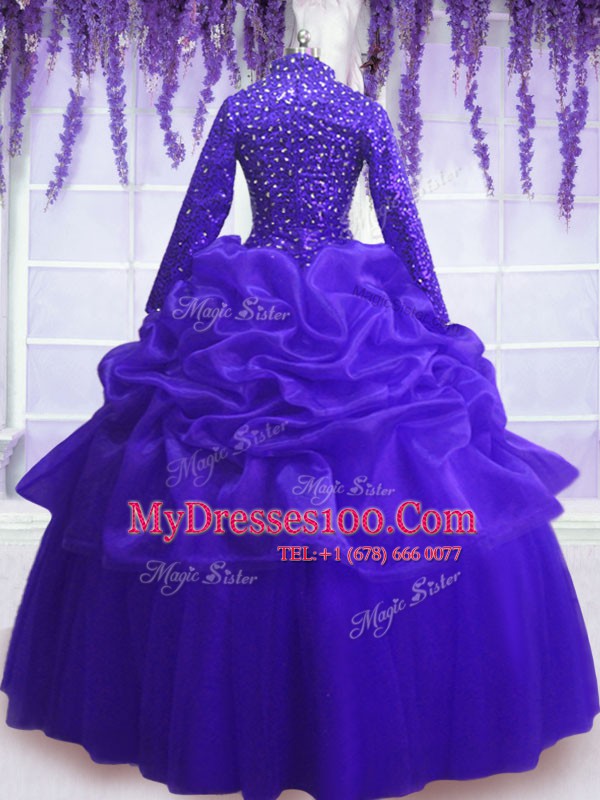 Sexy Long Sleeves Organza Floor Length Zipper Quince Ball Gowns in Royal Blue with Sequins and Pick Ups
