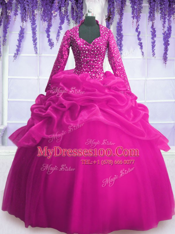 Fuchsia Long Sleeves Floor Length Sequins and Pick Ups Zipper Quinceanera Gowns