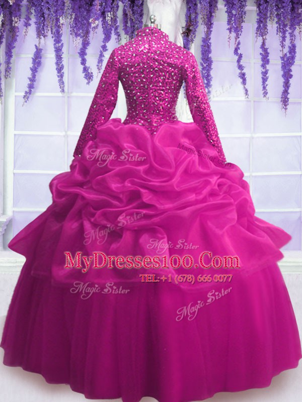 Fuchsia Long Sleeves Floor Length Sequins and Pick Ups Zipper Quinceanera Gowns