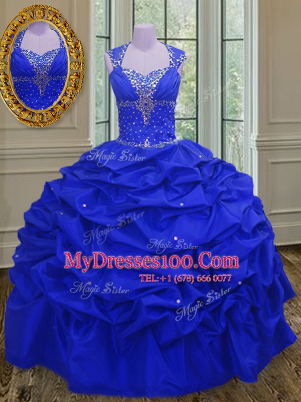 Luxurious Royal Blue Taffeta Lace Up Straps Sleeveless Floor Length 15th Birthday Dress Beading and Pick Ups