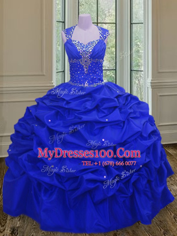 Luxurious Royal Blue Taffeta Lace Up Straps Sleeveless Floor Length 15th Birthday Dress Beading and Pick Ups