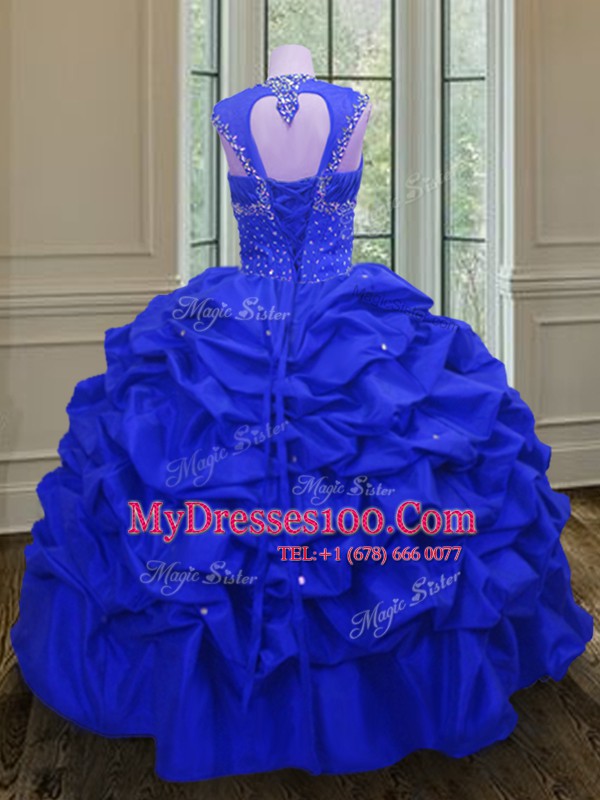 Luxurious Royal Blue Taffeta Lace Up Straps Sleeveless Floor Length 15th Birthday Dress Beading and Pick Ups